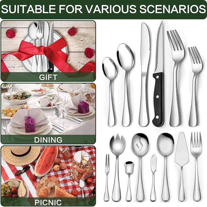 80 Pieces Silverware Set with Serving Utensils Set, CEKEE Stainless Steel Flatware Set for 12 with Steak Knives, Heavy Duty Cutlery Set, Kitchen Utensil Sets for Home Restaurant, Dishwasher Safe - Image 6