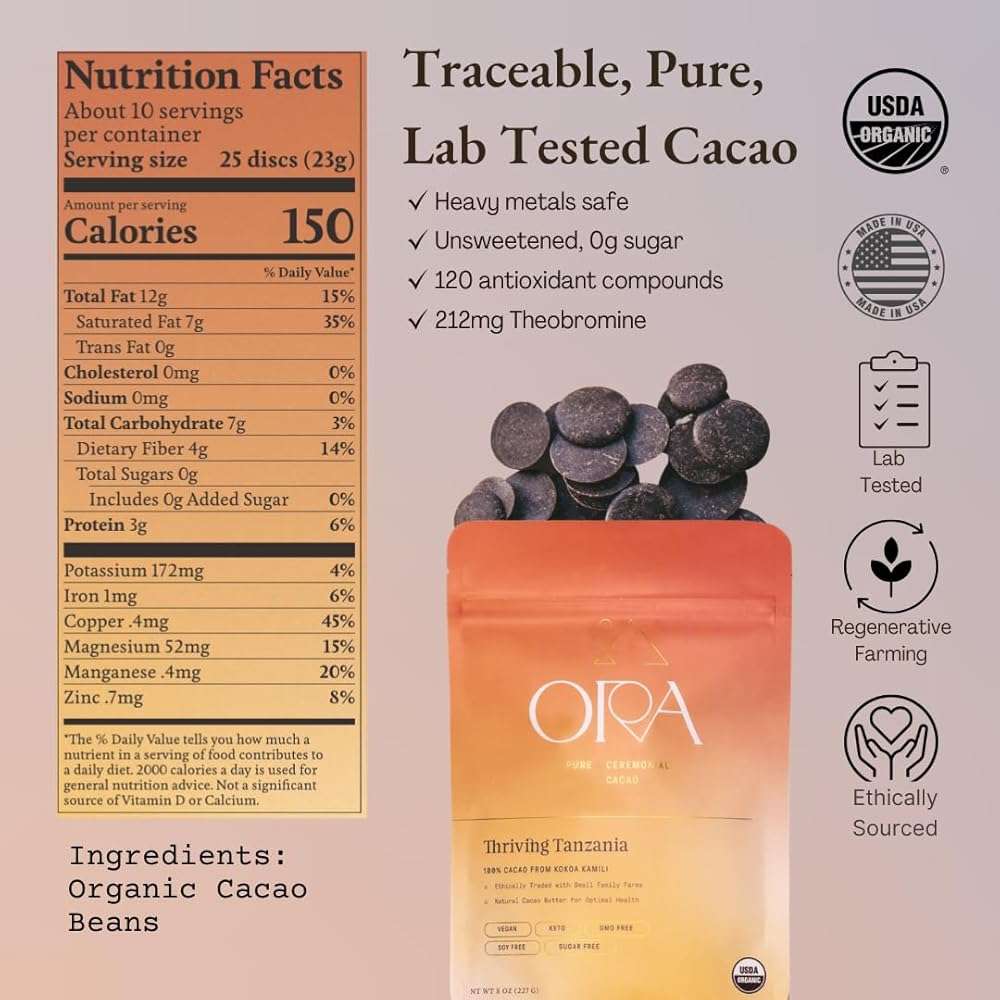 ORA Ceremonial Cacao - Thriving Tanzania - Organic 100% Cacao - Ethical - Regenerative - High Flavanol - Coffee Alternative - Better Energy - Heavy Metals Tested - Unsweetened - 8oz - Image 2
