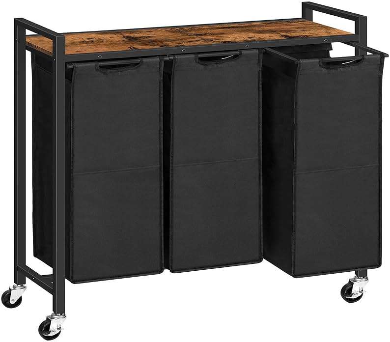 HOOBRO Laundry Sorter 3 Section, Laundry Hamper with Wheels, 3 × 11.5 Gal (43.5 L), Rolling Laundry Basket, Pull-Out and Removable Oxford Fabric Laundry Bags, Rustic Brown and Black BF76XY01 - Image 1