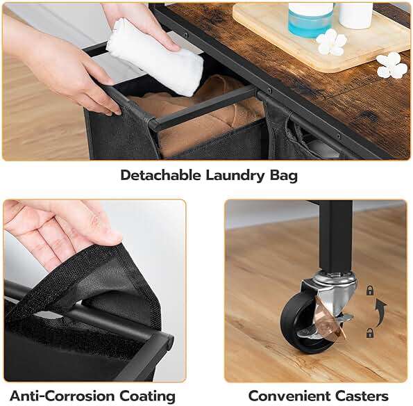HOOBRO Laundry Sorter 3 Section, Laundry Hamper with Wheels, 3 × 11.5 Gal (43.5 L), Rolling Laundry Basket, Pull-Out and Removable Oxford Fabric Laundry Bags, Rustic Brown and Black BF76XY01 - Image 5