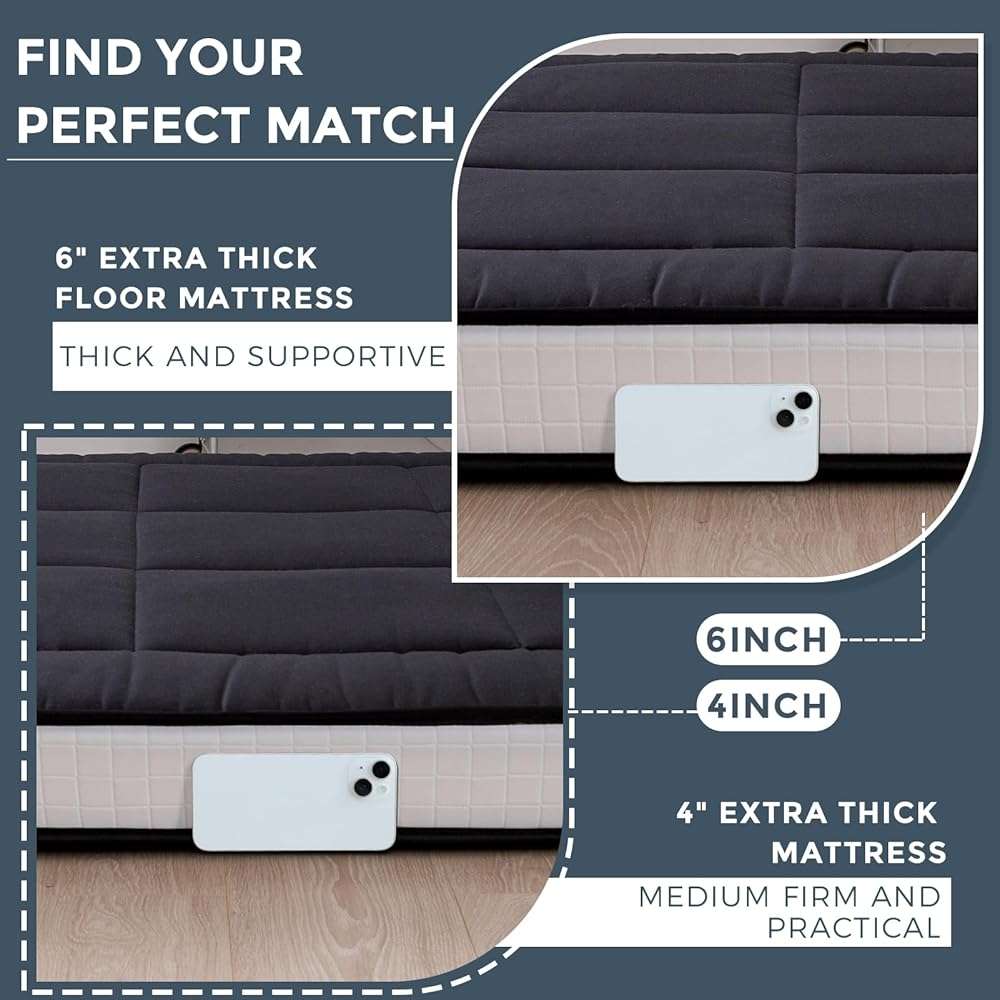 MAXYOYO 6" Extra Thick Floor Futon Mattress, Foldable Japanese Floor Mattress for Adults, Roll Up Tatami Pad for Guest Room, Black, Queen - Image 3