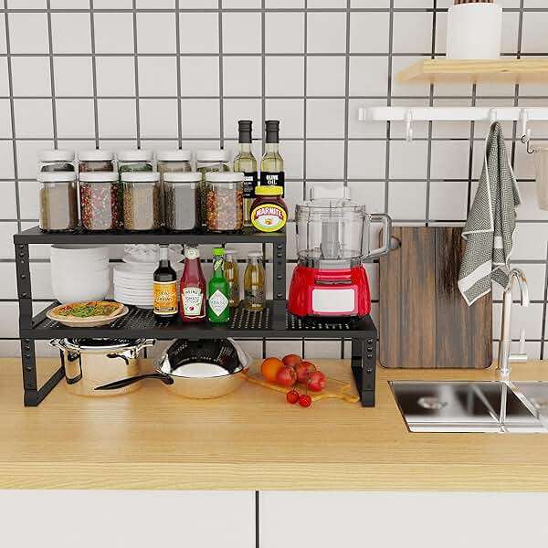 Jojocross Expandable Adjustable Stackable Kitchen Organizer, Spice Rack,Metal Pantry Storage Shelves Racks,Counter Shelf for Cabinets, Countertop, Cupboard(1 Pack/Medium/Black) - Image 2