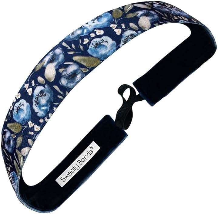Sweaty Bands Womens Girls Headband for an Active Fitness Lifestyle - Sweat-Wicking Non-Slip Velvet-Lined Stylish Floral Fitness Hairband - No Rain No Flowers Blue 1-Inch - Image 1