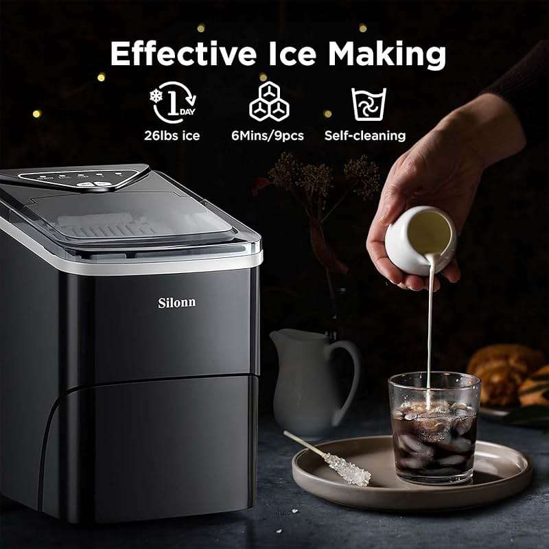 Silonn Countertop Ice Maker, Auto-Cleaning Portable Ice Machine with Ice Scoop and Basket, 26lbs in 24Hrs, 9 Ice Cubes Ready in 6 Mins, 2 Sizes of Bullet Ice for Home Party - Image 2