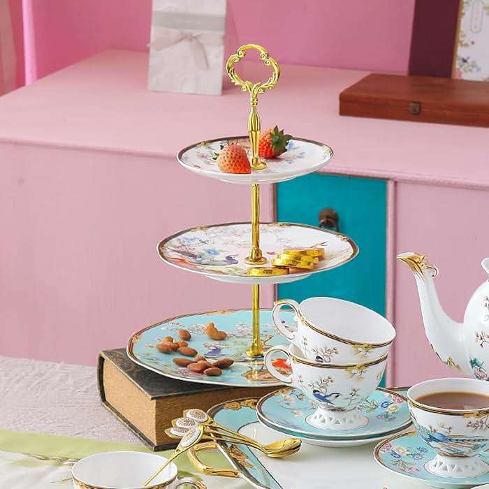 ACMLIFE 3-Tier Afternoon Tea Stand Porcelain Serving Stand Cupcake Stand Vintage Floral 3-Tier Tray Stand Light Blue Bone China Cake Stand for Tea Parties and Dessert Displays (Blue3) - Image 2