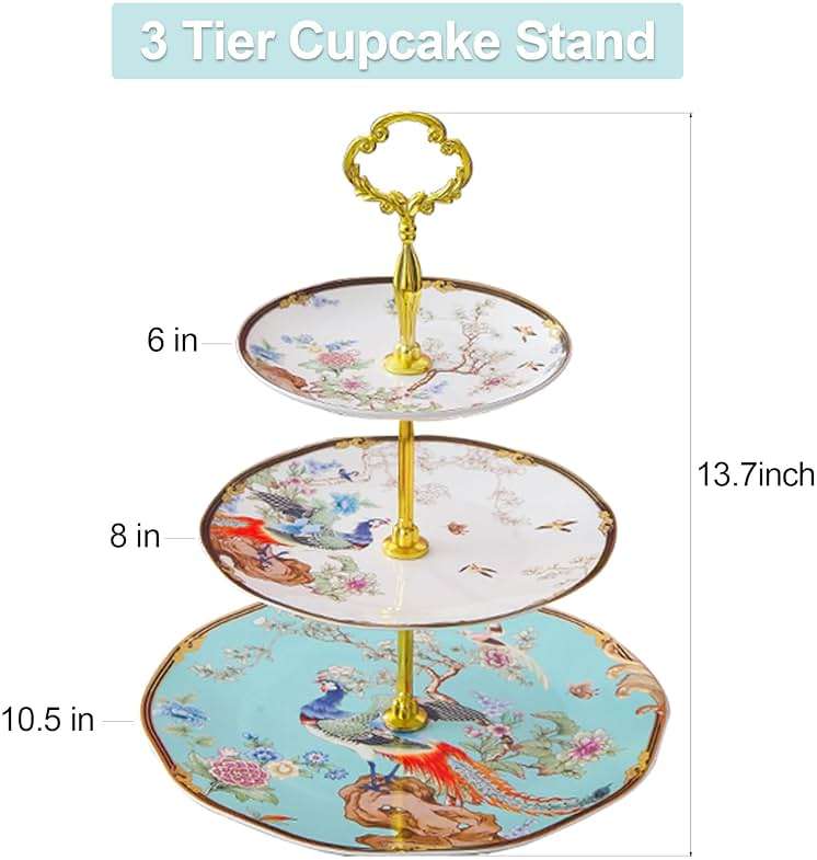 ACMLIFE 3-Tier Afternoon Tea Stand Porcelain Serving Stand Cupcake Stand Vintage Floral 3-Tier Tray Stand Light Blue Bone China Cake Stand for Tea Parties and Dessert Displays (Blue3) - Image 3
