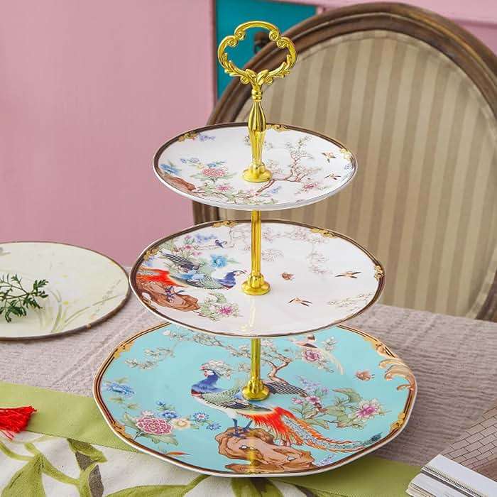 ACMLIFE 3-Tier Afternoon Tea Stand Porcelain Serving Stand Cupcake Stand Vintage Floral 3-Tier Tray Stand Light Blue Bone China Cake Stand for Tea Parties and Dessert Displays (Blue3) - Image 4
