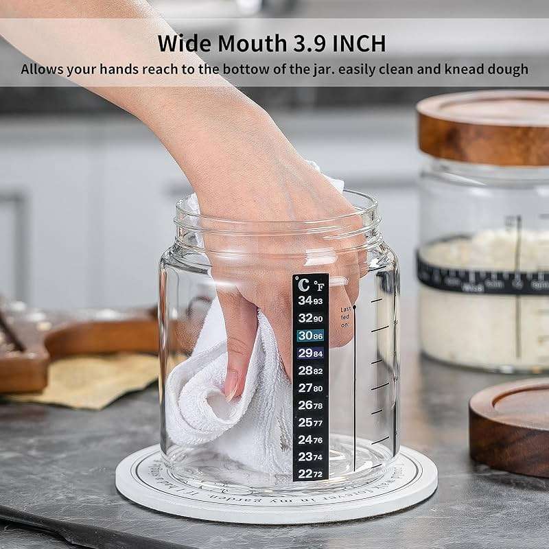 Wissy&Konny Sourdough Starter Jar 2Pack 35OZ with Ounce Scale Line,Date Marked Feeding Band, Thermometer, Sourdough Jar Scraper, Cloth Cover & Wood Lid, Wide Mouth for Sourdough Bread Baking - Image 2