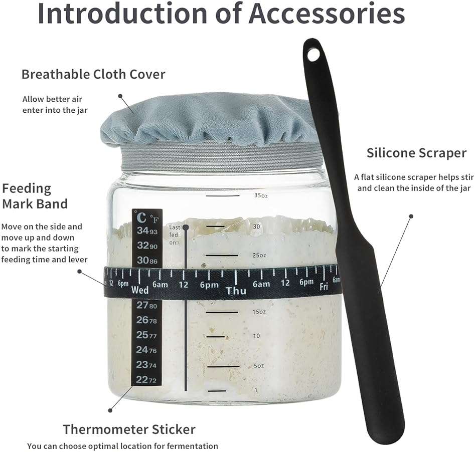 Wissy&Konny Sourdough Starter Jar 2Pack 35OZ with Ounce Scale Line,Date Marked Feeding Band, Thermometer, Sourdough Jar Scraper, Cloth Cover & Wood Lid, Wide Mouth for Sourdough Bread Baking - Image 4