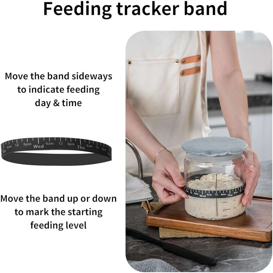 Wissy&Konny Sourdough Starter Jar 2Pack 35OZ with Ounce Scale Line,Date Marked Feeding Band, Thermometer, Sourdough Jar Scraper, Cloth Cover & Wood Lid, Wide Mouth for Sourdough Bread Baking - Image 5