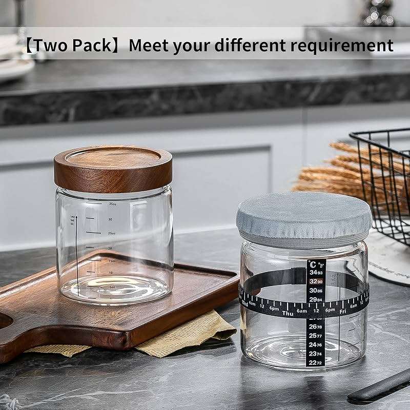 Wissy&Konny Sourdough Starter Jar 2Pack 35OZ with Ounce Scale Line,Date Marked Feeding Band, Thermometer, Sourdough Jar Scraper, Cloth Cover & Wood Lid, Wide Mouth for Sourdough Bread Baking - Image 6