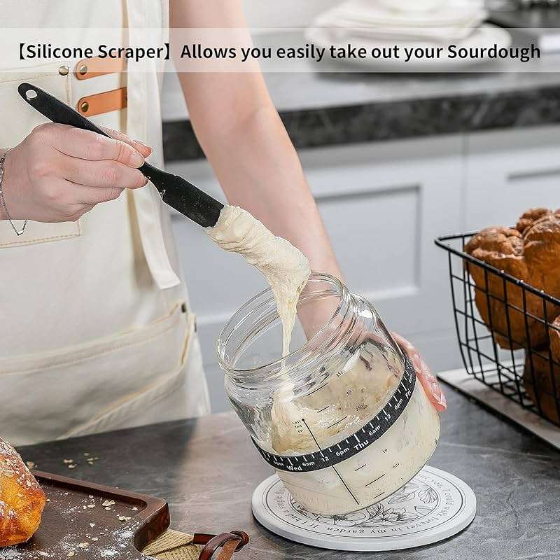 Wissy&Konny Sourdough Starter Jar 2Pack 35OZ with Ounce Scale Line,Date Marked Feeding Band, Thermometer, Sourdough Jar Scraper, Cloth Cover & Wood Lid, Wide Mouth for Sourdough Bread Baking - Image 7