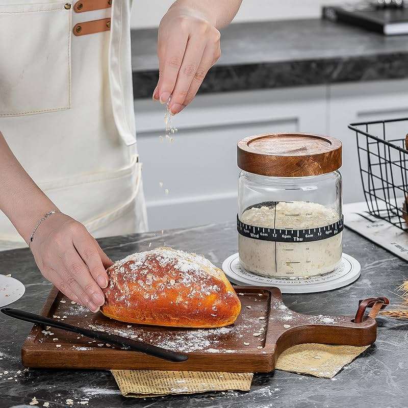 Wissy&Konny Sourdough Starter Jar 2Pack 35OZ with Ounce Scale Line,Date Marked Feeding Band, Thermometer, Sourdough Jar Scraper, Cloth Cover & Wood Lid, Wide Mouth for Sourdough Bread Baking - Image 8