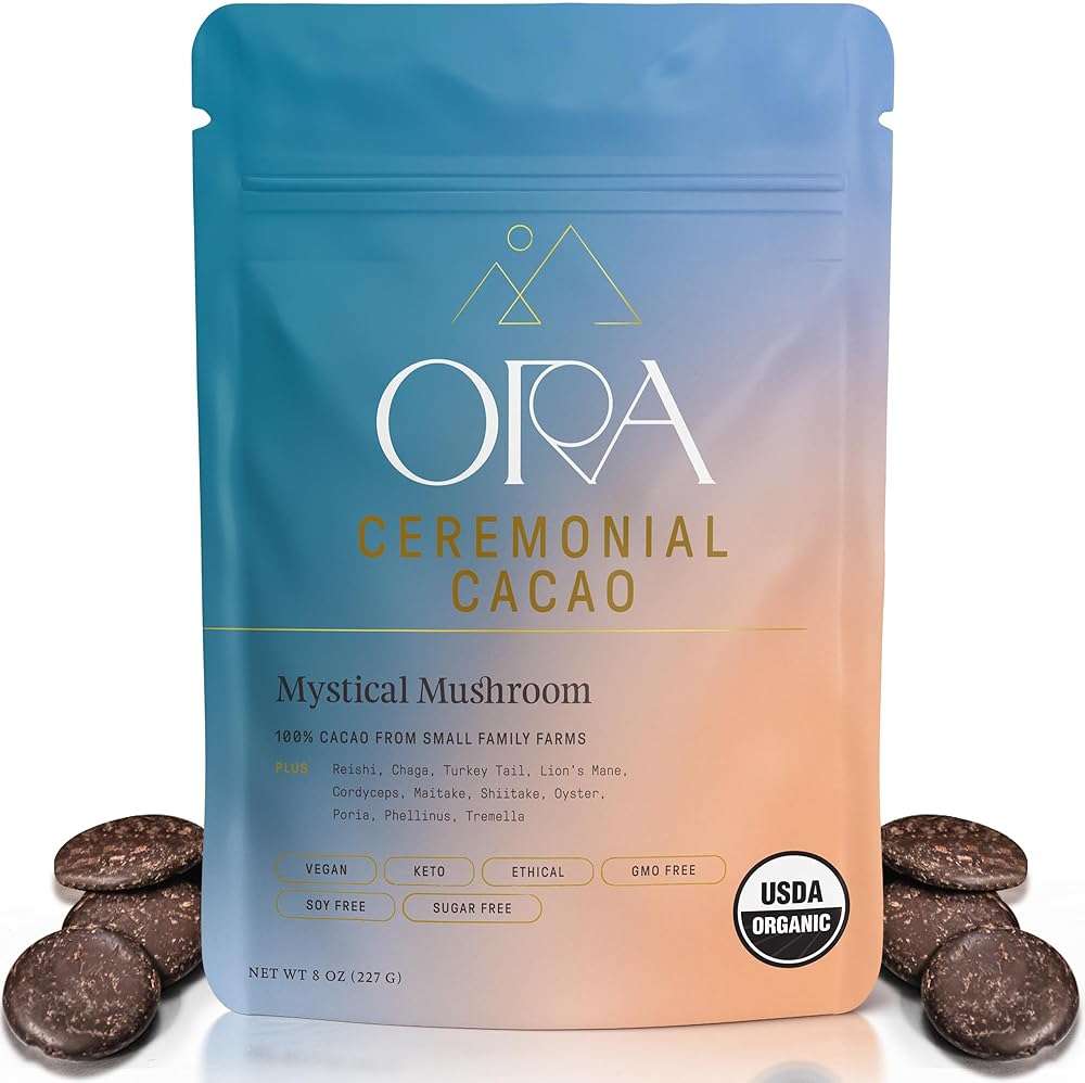 ORA Ceremonial Cacao - Mystical Mushroom - Organic 100% Cacao with Lion's Mane, Reishi, Chaga - Adaptogenic - Ethical - High Flavanol - Unsweetened - Heavy Metals Tested - 8oz - Image 1