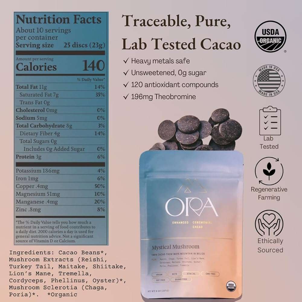 ORA Ceremonial Cacao - Mystical Mushroom - Organic 100% Cacao with Lion's Mane, Reishi, Chaga - Adaptogenic - Ethical - High Flavanol - Unsweetened - Heavy Metals Tested - 8oz - Image 2