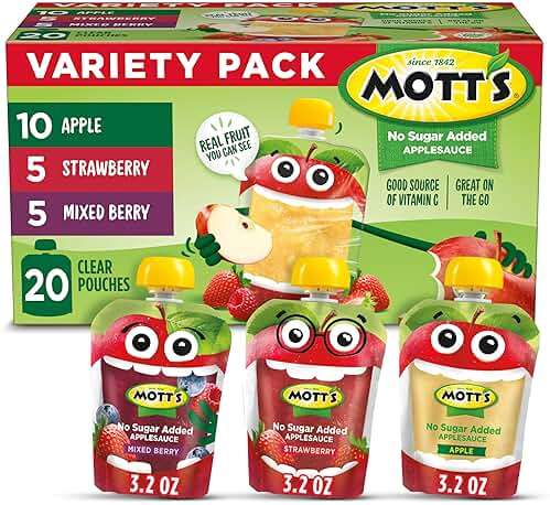 Mott's No Sugar Added Applesauce Variety Pack, 3 Flavors – Apple, Strawberry & Mixed Berry, Made from Real Fruit, No Artificial Flavors, 3.2 oz Clear Pouches, 20 Pack - Image 1