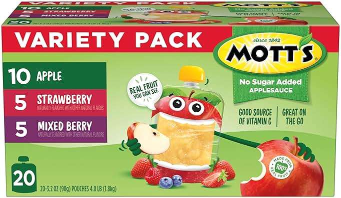 Mott's No Sugar Added Applesauce Variety Pack, 3 Flavors – Apple, Strawberry & Mixed Berry, Made from Real Fruit, No Artificial Flavors, 3.2 oz Clear Pouches, 20 Pack - Image 11