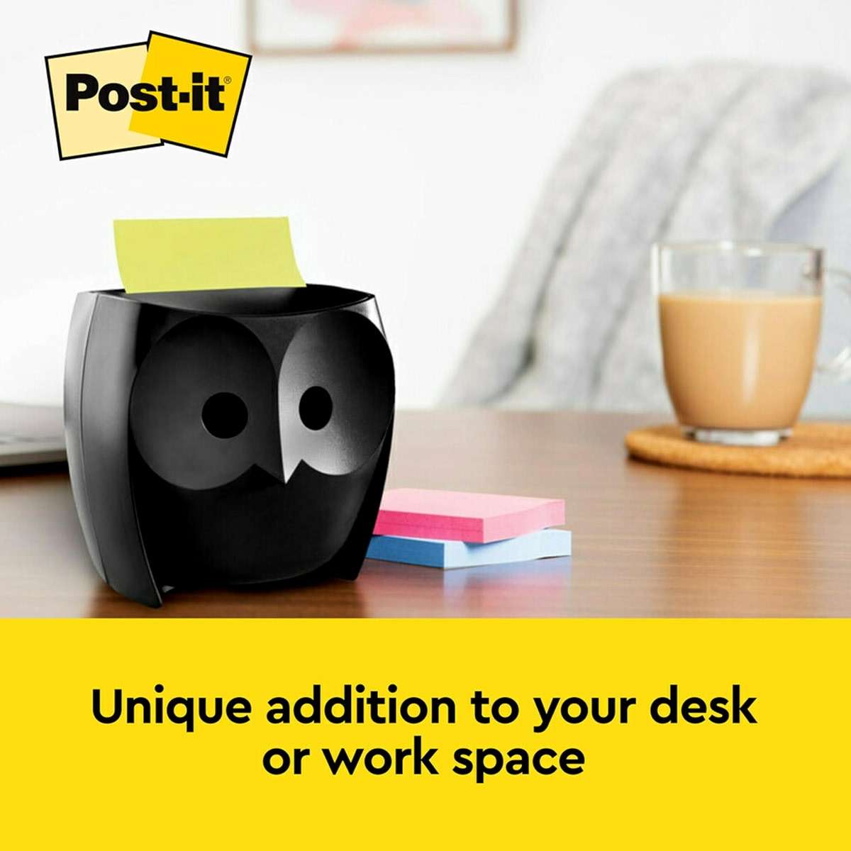 Post-it Note Dispenser, Sticky Note Holder, Black Owl Design, Includes 45 Sheets of 3 in x 3 in Citron Yellow Pop-Up Notes, Classroom or Office Supplies - Image 6