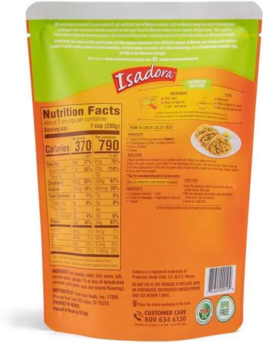 Isadora Fully Cooked Pork Chile Verde 15 oz Pouch, Ready-to-Eat Authentic Mexican Meal, Pork in Green Salsa, Medium Heat, Shelf Stable Meat, No Refrigeration Needed, Heat and Serve Instant Meal - Image 2