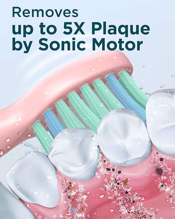 Rtauys M5 Sonic Electric Toothbrush for Adults and Kids - Rechargeable Electric Toothbrush Kids Ages 12+ and Adults with 8 Brush Heads & Travel Case, 120 Days Battery Life - Pink - Image 2