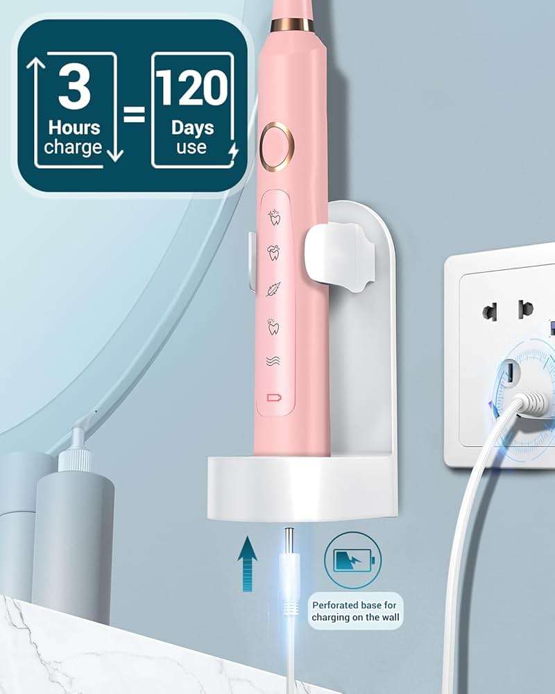 Rtauys M5 Sonic Electric Toothbrush for Adults and Kids - Rechargeable Electric Toothbrush Kids Ages 12+ and Adults with 8 Brush Heads & Travel Case, 120 Days Battery Life - Pink - Image 6