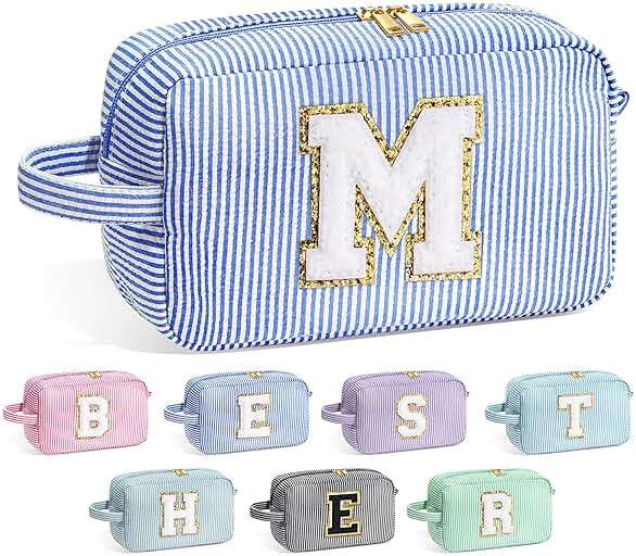 YOOLIFE Gifts for Women Teen Girls Kids - Initial Makeup Bag Cosmetic Bag Toiletry Pouch, Personalized Birthday Gifts for Women Girls Mom Daughter Sister Friends, Blue M - Image 1