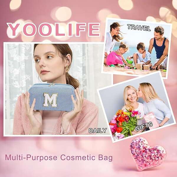 YOOLIFE Gifts for Women Teen Girls Kids - Initial Makeup Bag Cosmetic Bag Toiletry Pouch, Personalized Birthday Gifts for Women Girls Mom Daughter Sister Friends, Blue M - Image 3