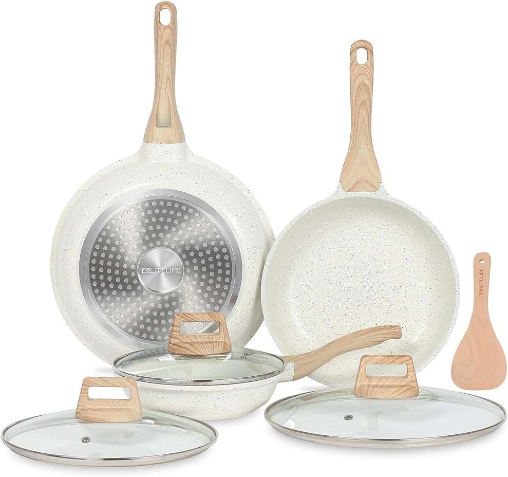 ESLITE LIFE Nonstick Ceramic Frying Pans Skillets Set with Lids, Non-Toxic Egg Omelette Kitchen Cooking Pans Compatible with All Stovetops (Gas, Electric & Induction), PTFE & PFOA Free (White) - Image 1