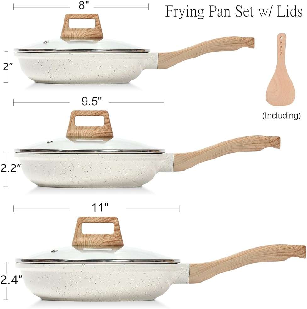ESLITE LIFE Nonstick Ceramic Frying Pans Skillets Set with Lids, Non-Toxic Egg Omelette Kitchen Cooking Pans Compatible with All Stovetops (Gas, Electric & Induction), PTFE & PFOA Free (White) - Image 2