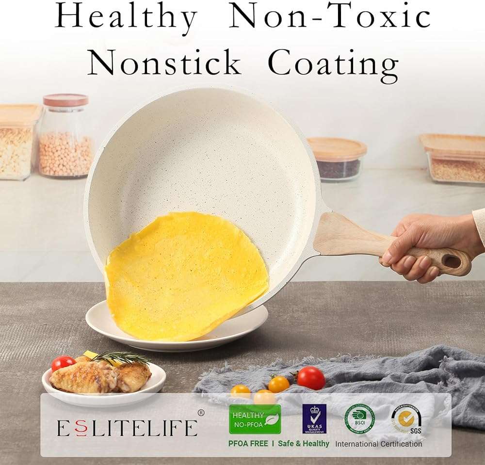 ESLITE LIFE Nonstick Ceramic Frying Pans Skillets Set with Lids, Non-Toxic Egg Omelette Kitchen Cooking Pans Compatible with All Stovetops (Gas, Electric & Induction), PTFE & PFOA Free (White) - Image 3