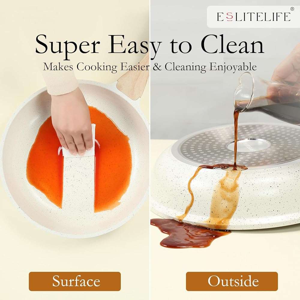 ESLITE LIFE Nonstick Ceramic Frying Pans Skillets Set with Lids, Non-Toxic Egg Omelette Kitchen Cooking Pans Compatible with All Stovetops (Gas, Electric & Induction), PTFE & PFOA Free (White) - Image 6