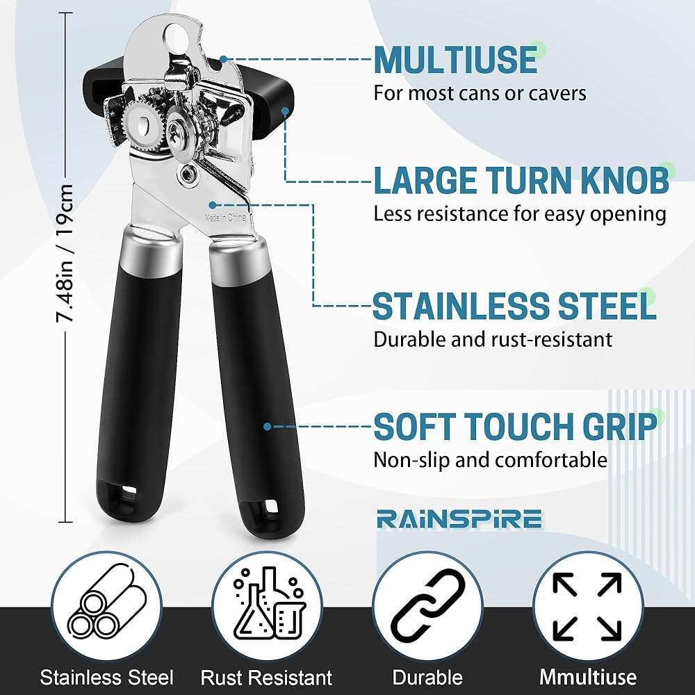 Rainspire Upgraded Can Opener Manual with Bottle Opener Smooth Edge Cut, Can Opener Heavy Duty, Comfortable Soft Handle, Built-in Bottle Opener, Black - Image 2