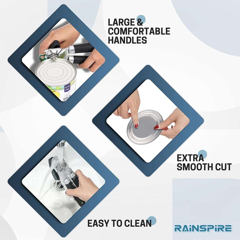 Rainspire Upgraded Can Opener Manual with Bottle Opener Smooth Edge Cut, Can Opener Heavy Duty, Comfortable Soft Handle, Built-in Bottle Opener, Black - Image 4