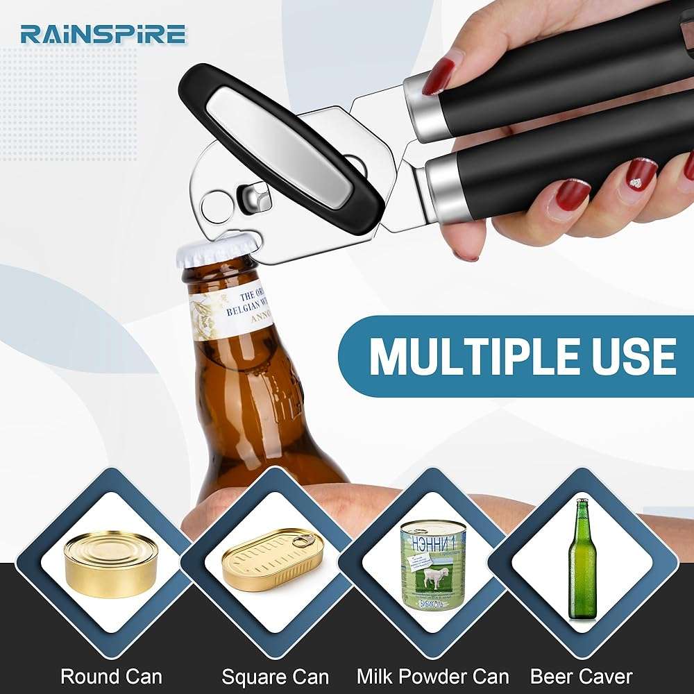 Rainspire Upgraded Can Opener Manual with Bottle Opener Smooth Edge Cut, Can Opener Heavy Duty, Comfortable Soft Handle, Built-in Bottle Opener, Black - Image 5