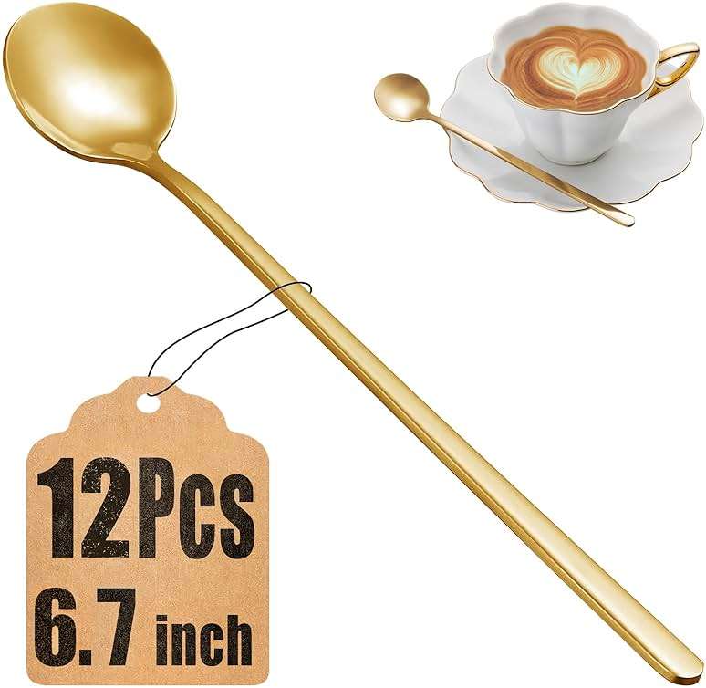 12 Pcs Coffee Spoons Set, 6.7" Gold Tea Spoons Long Handle, Gold Small Teaspoons, Stainless Steel Espresso Spoon, Long Spoon for Stirring, Coffee Bar Accessories - Image 1
