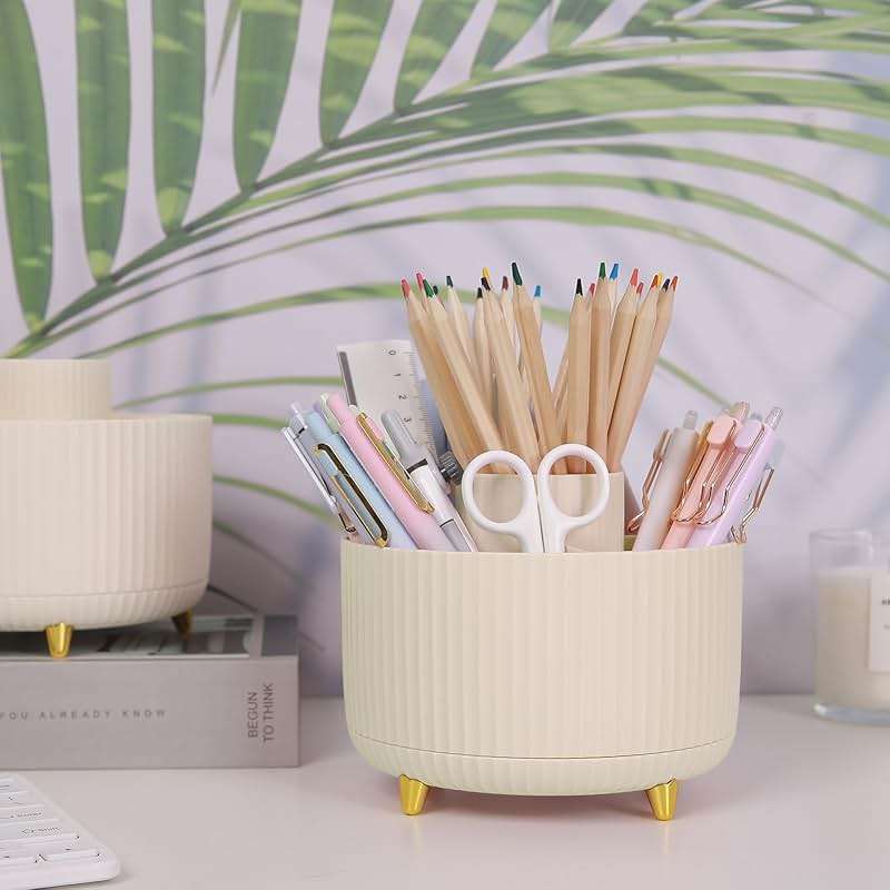 SKYDUE 360 Rotating Plastic Desk Pen Organizer with 5 Slots, Dual-Purpose Art Supply Pencil Cup for Office, School, Home - Image 2