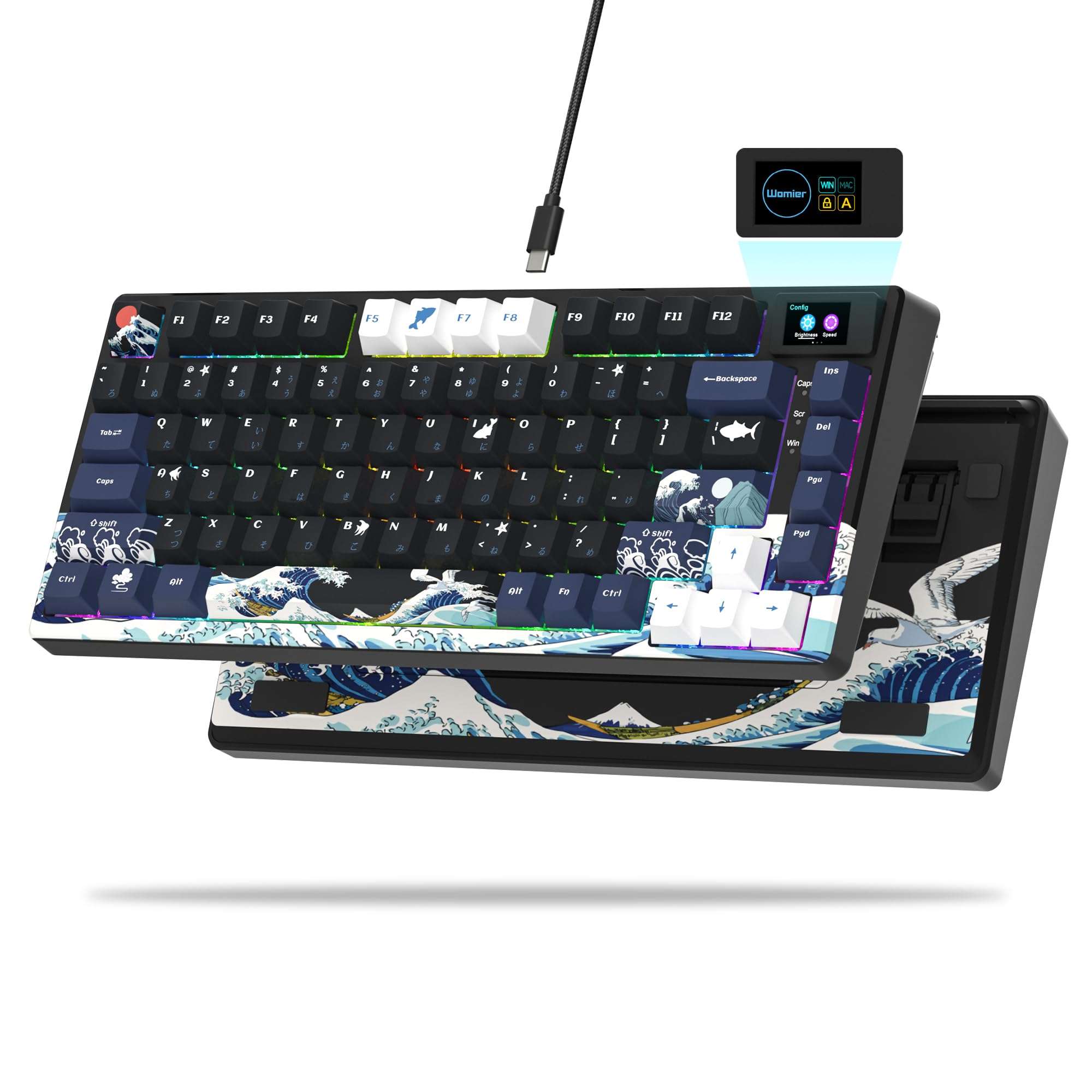 Womier S-K80 75% Keyboard with Color Multimedia Display Mechanical Gaming Keyboard, Wired Hot Swappable Gasket Mount RGB Custom Key Board, Pre-lubed Stabilizer for Mac/Win, Black Kanagawa - Image 1
