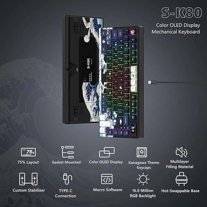 Womier S-K80 75% Keyboard with Color Multimedia Display Mechanical Gaming Keyboard, Wired Hot Swappable Gasket Mount RGB Custom Key Board, Pre-lubed Stabilizer for Mac/Win, Black Kanagawa - Image 6