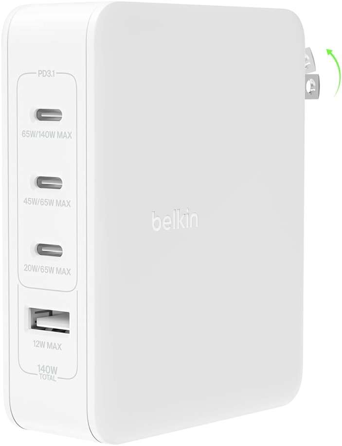 Belkin 4-Port Charger Block 140W, GaN Charger USB-C Power Delivery Fast Charge & USB-A Port - MacBook, Apple iPhone 17, Air, iPad, Samsung Galaxy S25, Google Pixel 10, Nintendo Switch 2 & More - White - Image 1