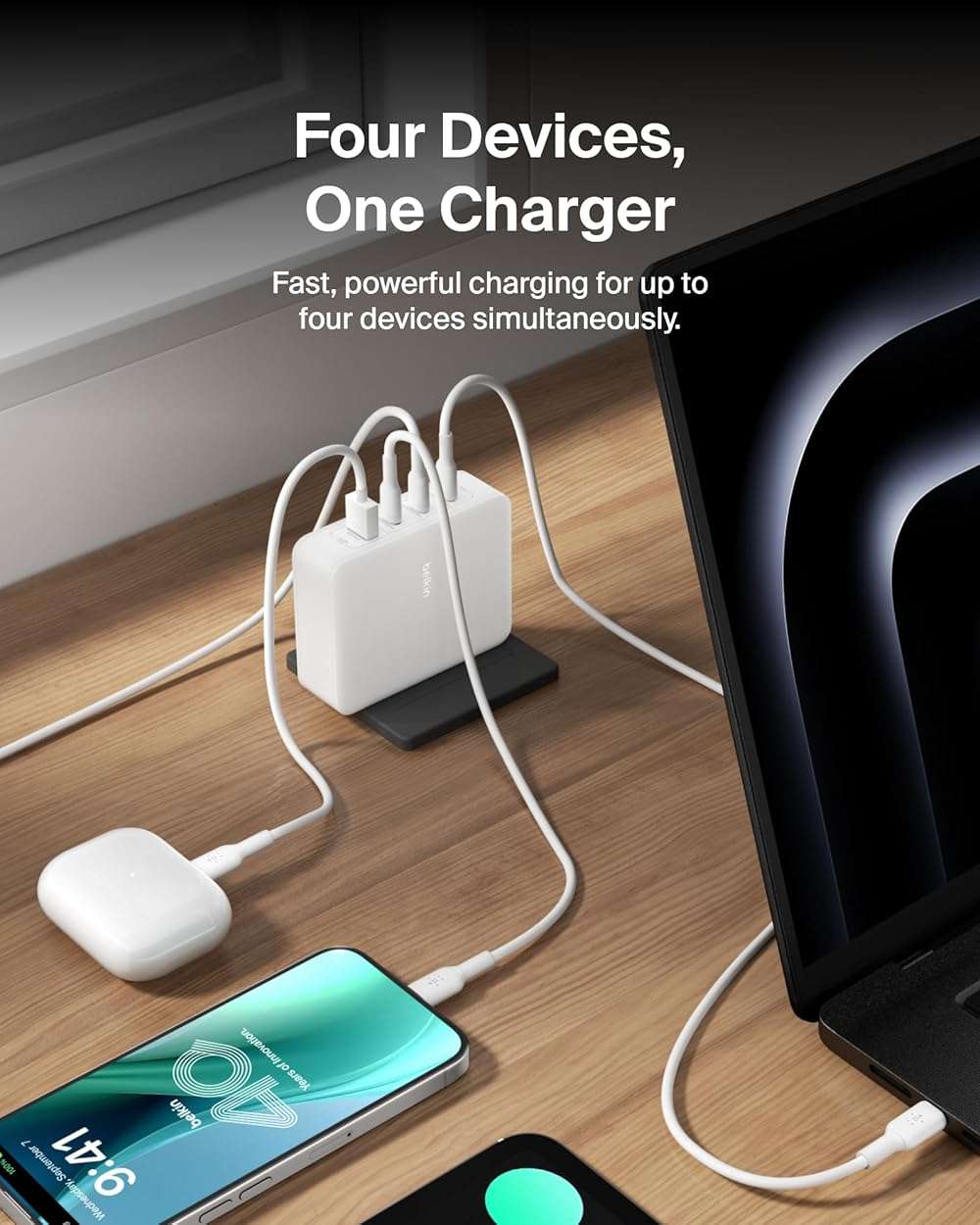 Belkin 4-Port Charger Block 140W, GaN Charger USB-C Power Delivery Fast Charge & USB-A Port - MacBook, Apple iPhone 17, Air, iPad, Samsung Galaxy S25, Google Pixel 10, Nintendo Switch 2 & More - White - Image 2