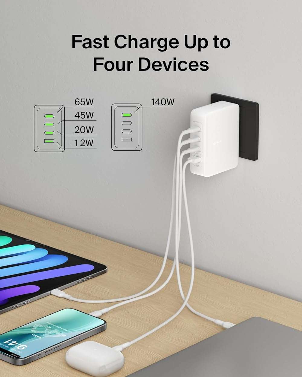 Belkin 4-Port Charger Block 140W, GaN Charger USB-C Power Delivery Fast Charge & USB-A Port - MacBook, Apple iPhone 17, Air, iPad, Samsung Galaxy S25, Google Pixel 10, Nintendo Switch 2 & More - White - Image 4