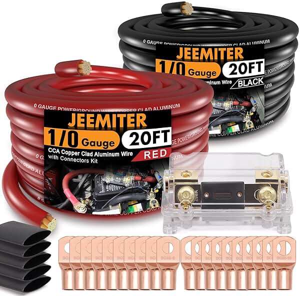 Jeemiter 1/0 Gauge Wire (40ft Red/Black) Battery Cable Copper Clad Aluminum CCA for Automotive Power Ground,Audio Speaker,Battery,Solar,RV with 250A ANL Fuse Holder,Lug Terminals,Heat Shrink Tube - Image 1