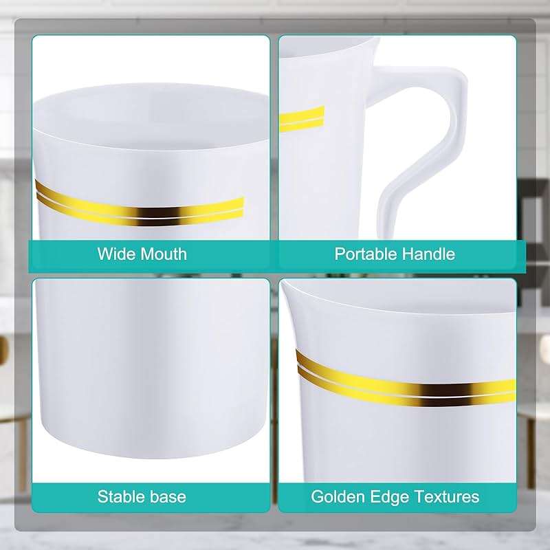 Bokon 100 Pcs Plastic Tea Cups Bulk with Handle and Spoon, 8 oz Reusable Teacups with Gold Rim, White Coffee Mugs for Bridal Shower, Wedding, Princess Tea Party Supplies (Gold Rim) - Image 4