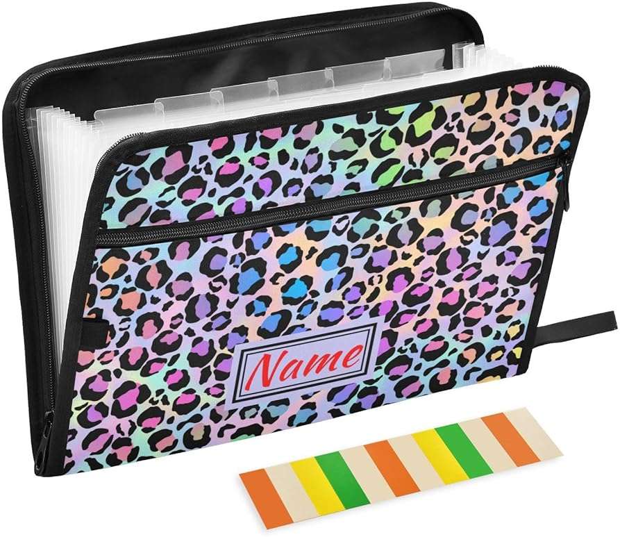 Leopard Print Rainbow Cheetah Polka Dot Expanding File Folder, 13 Pockets Accordion File Organizer with Sticky Labels Zipper Portable A4 Document Organizer for Home Office School Supplies - Image 1
