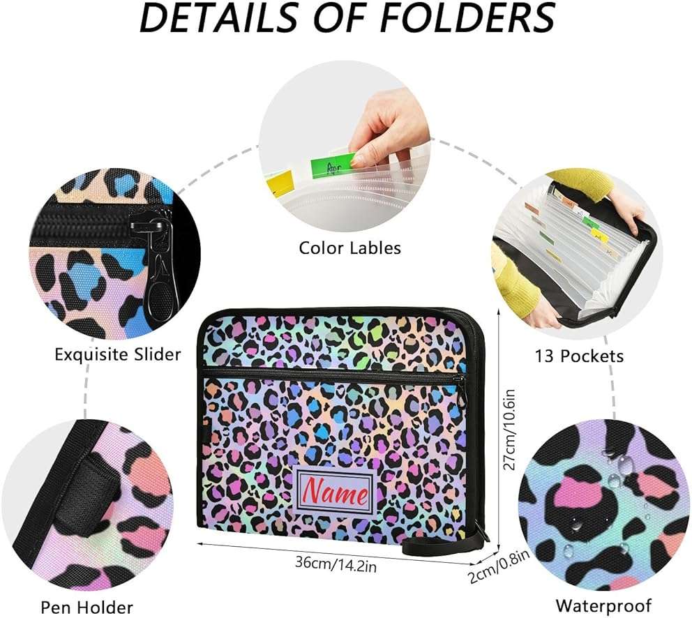 Leopard Print Rainbow Cheetah Polka Dot Expanding File Folder, 13 Pockets Accordion File Organizer with Sticky Labels Zipper Portable A4 Document Organizer for Home Office School Supplies - Image 3