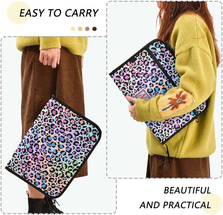Leopard Print Rainbow Cheetah Polka Dot Expanding File Folder, 13 Pockets Accordion File Organizer with Sticky Labels Zipper Portable A4 Document Organizer for Home Office School Supplies - Image 4