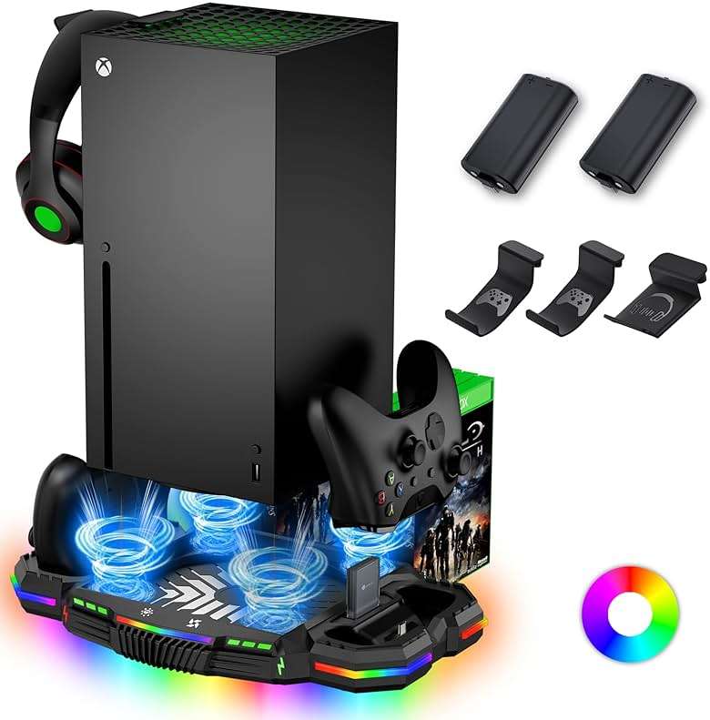 Cooling Fan with Charging Station for Xbox Series X Console and Controller - Vertical 15 RGB Modes Cooler Stand System, Low-Noise, Effectively Reduce Console Temperature and Quickly Charge Controller - Image 1
