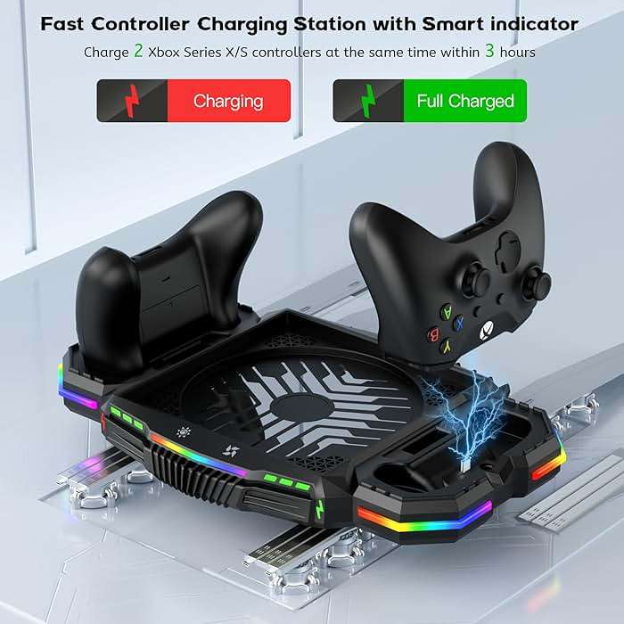 Cooling Fan with Charging Station for Xbox Series X Console and Controller - Vertical 15 RGB Modes Cooler Stand System, Low-Noise, Effectively Reduce Console Temperature and Quickly Charge Controller - Image 3
