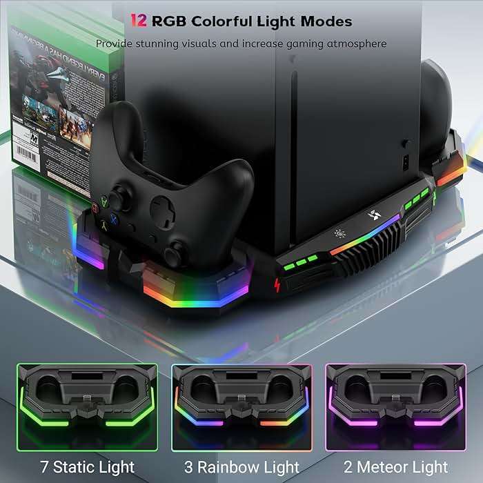 Cooling Fan with Charging Station for Xbox Series X Console and Controller - Vertical 15 RGB Modes Cooler Stand System, Low-Noise, Effectively Reduce Console Temperature and Quickly Charge Controller - Image 4