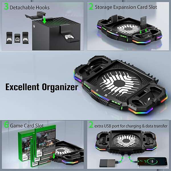 Cooling Fan with Charging Station for Xbox Series X Console and Controller - Vertical 15 RGB Modes Cooler Stand System, Low-Noise, Effectively Reduce Console Temperature and Quickly Charge Controller - Image 5